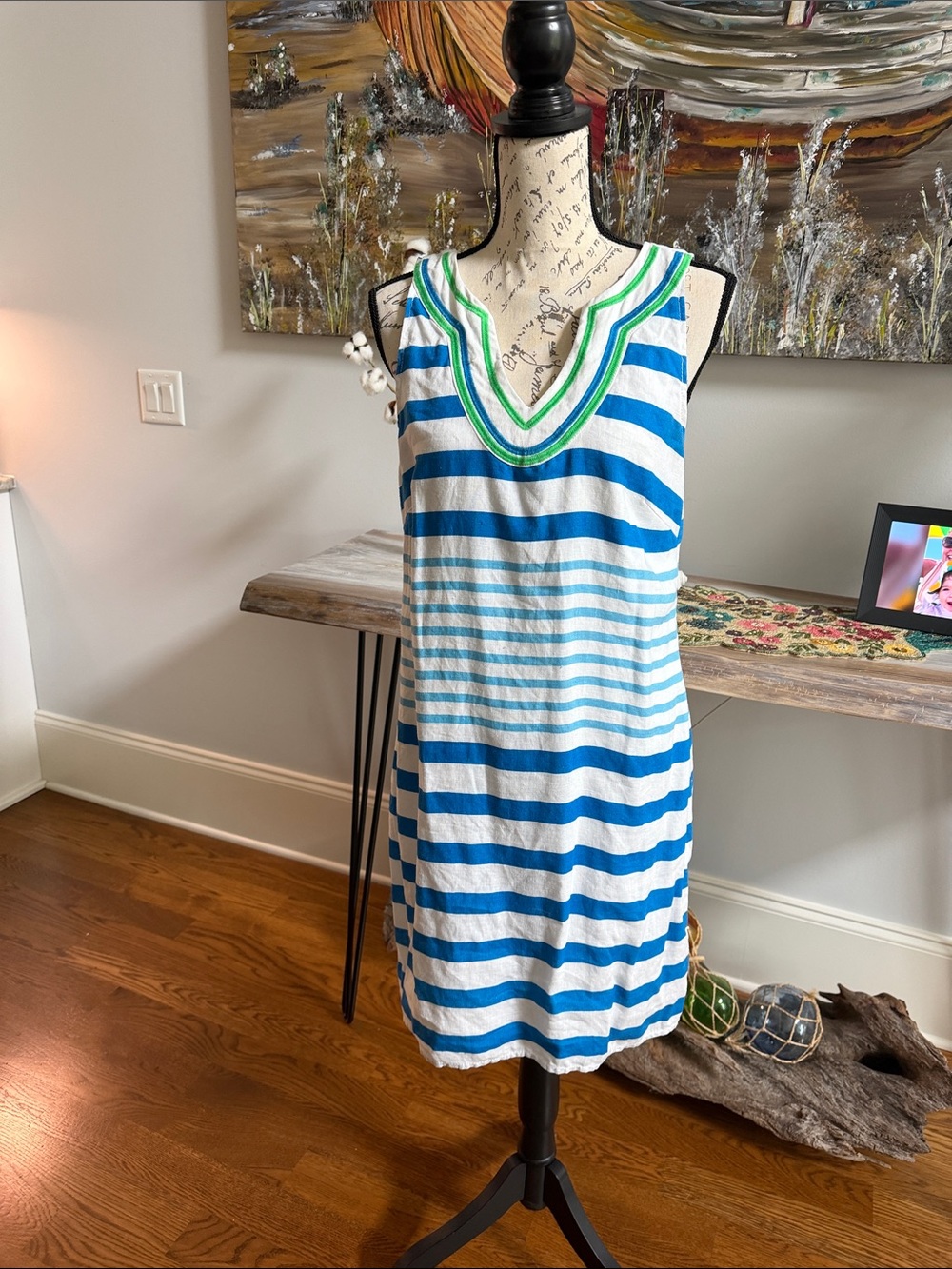Hatley Blue and White Striped Sleeveless V‑Neck Dress with Green Trim
